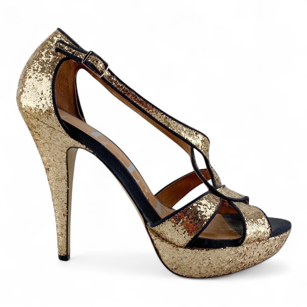 Elle Gemini Gold Glitter Strappy Open Toe Platform Heels Size 9​